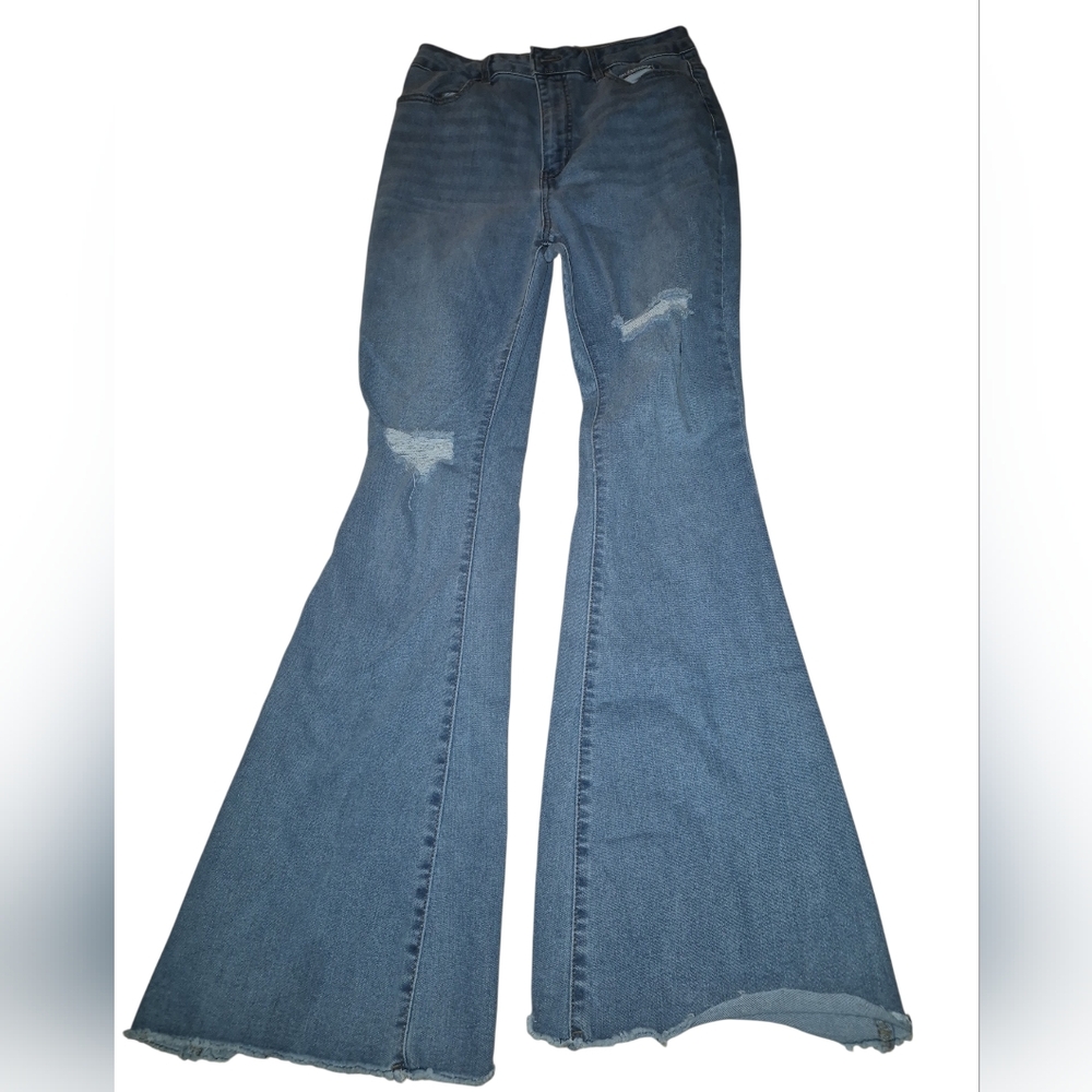 refuge Blue High-Waist Flare Jeans with Distressed Knees